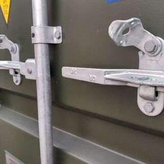 close up of a shipping container handle