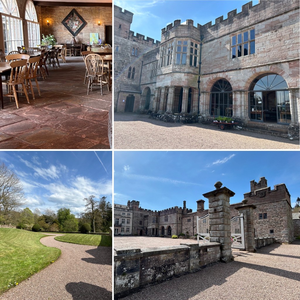 The Cloisters Tearoom in Hutton-in-the-Forest, Cumbria showing exterior and interior of the building and grounds.