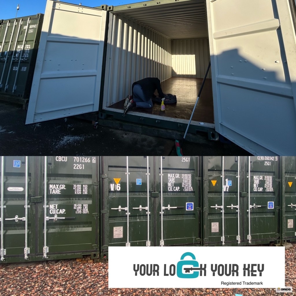 a cleaner cleaning the inside of a shipping container