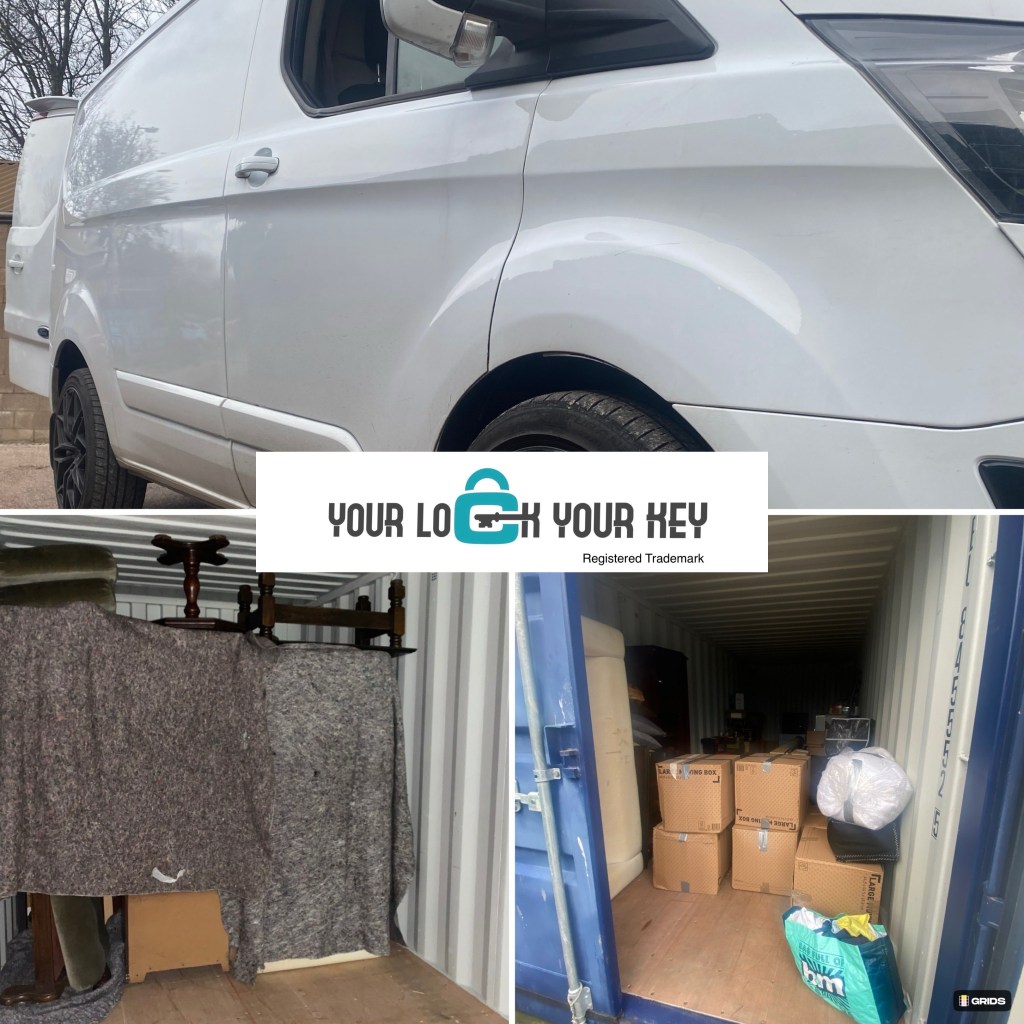 a van unloading furniture into a storage unit