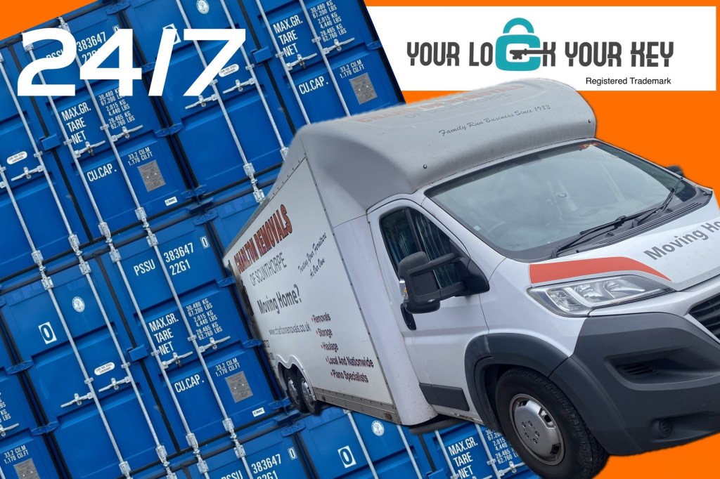 a van beside storage units