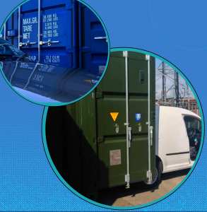 a van unloading items into a self storage shipping container