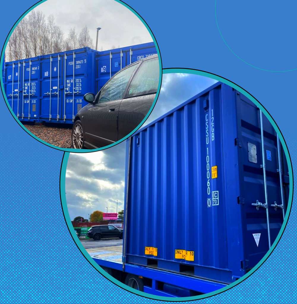 10 foot shipping container being delivered to a self storage facility in Carlisle with a motor car parking on a self storage facility in background