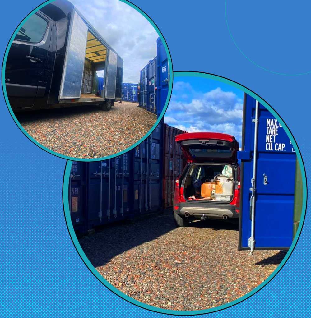 a small van and car unloading goods at a storage facility into a shipping container