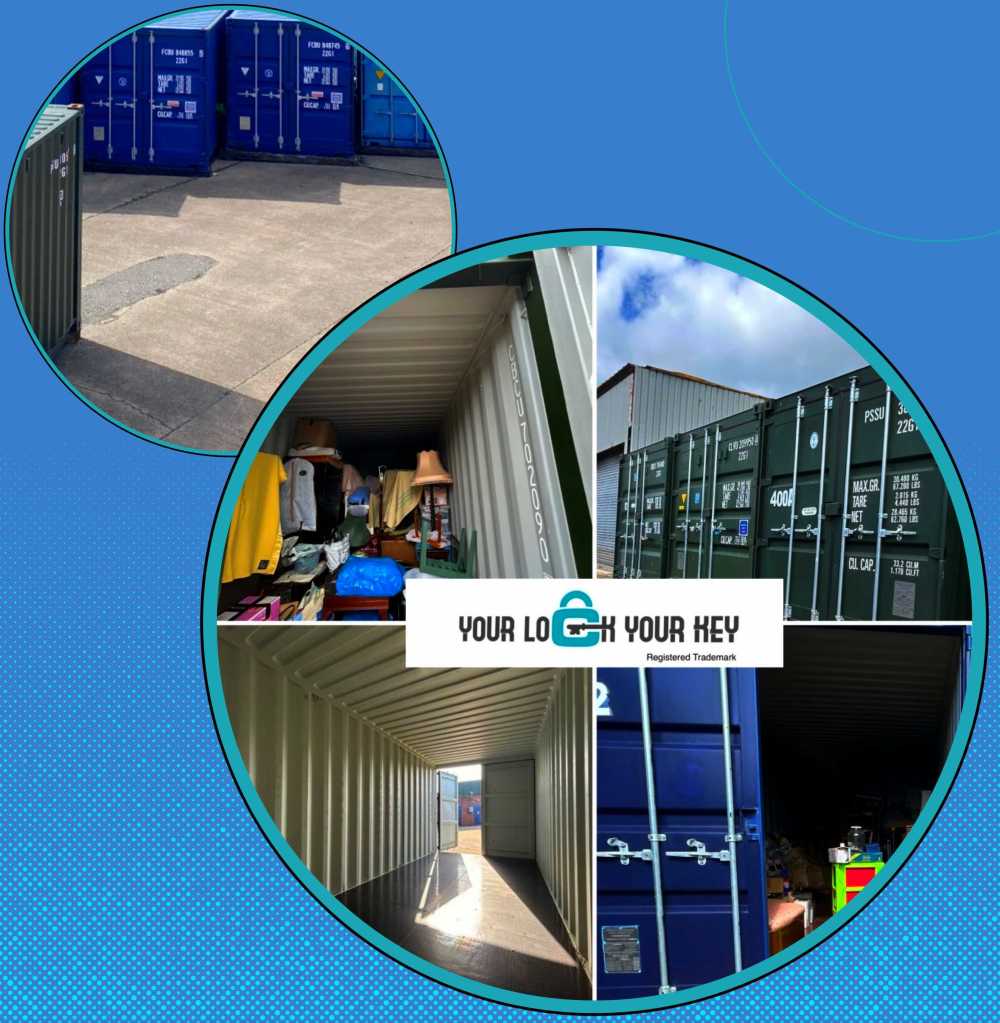 a row of shipping containers containing household furniture inside