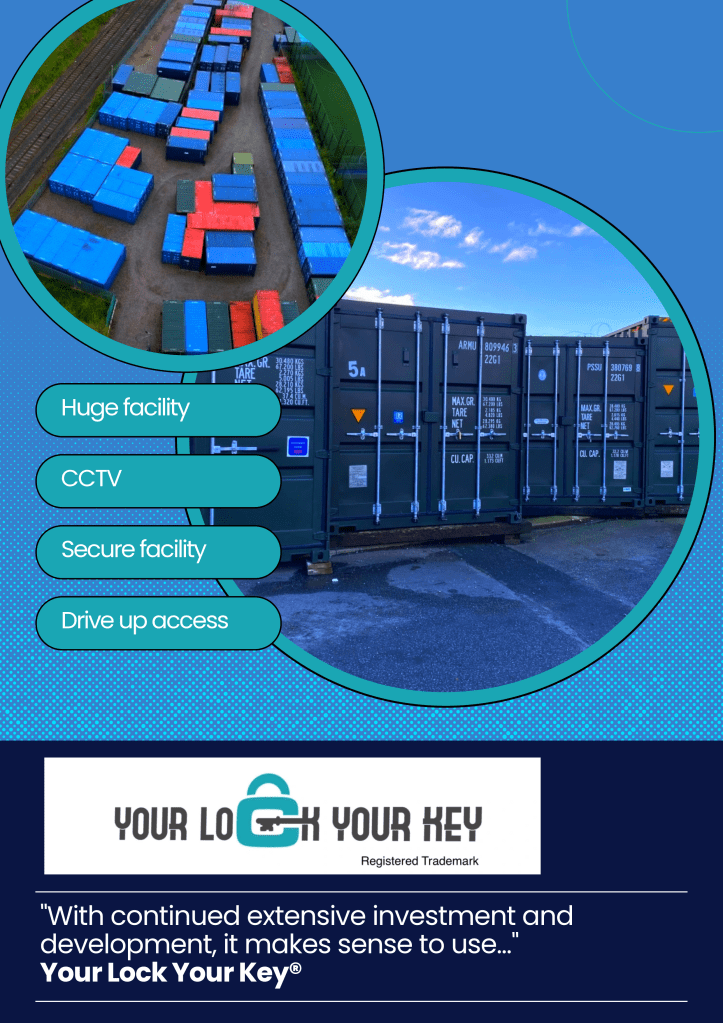 ariel view of self storage facility with a row of green shipping containers 