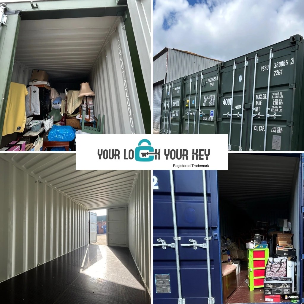 a range of shipping containers, some showing furniture inside them