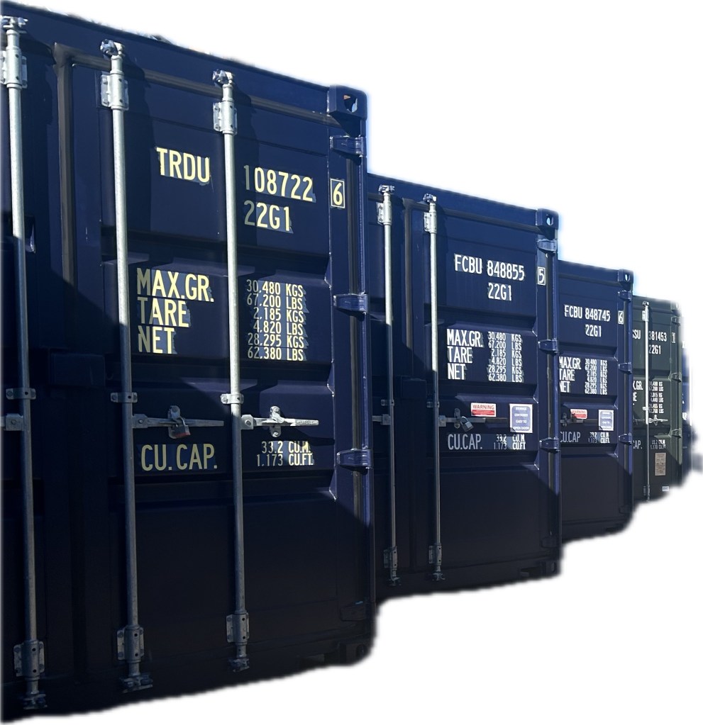 a row of blue shipping containers