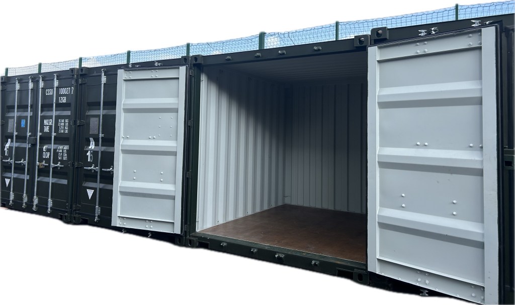 a row of 10 foot ISO shipping containers with open doors on one showing an empty interior