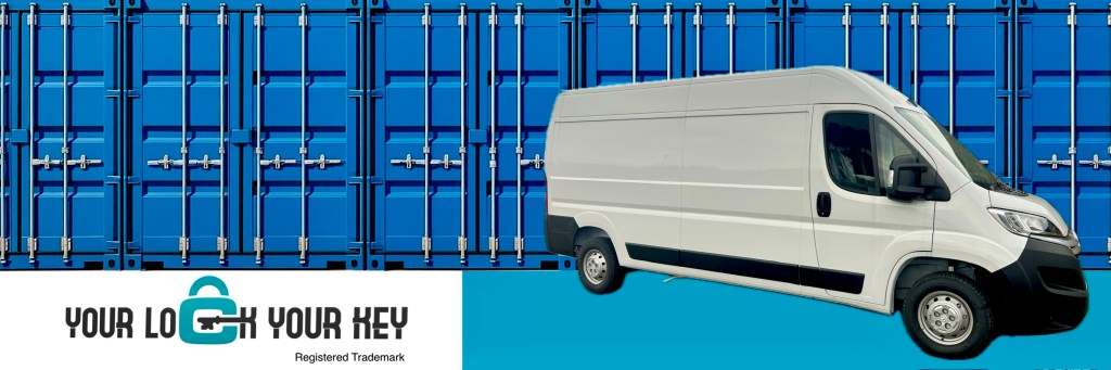 a van parked beside as row of shipping containers