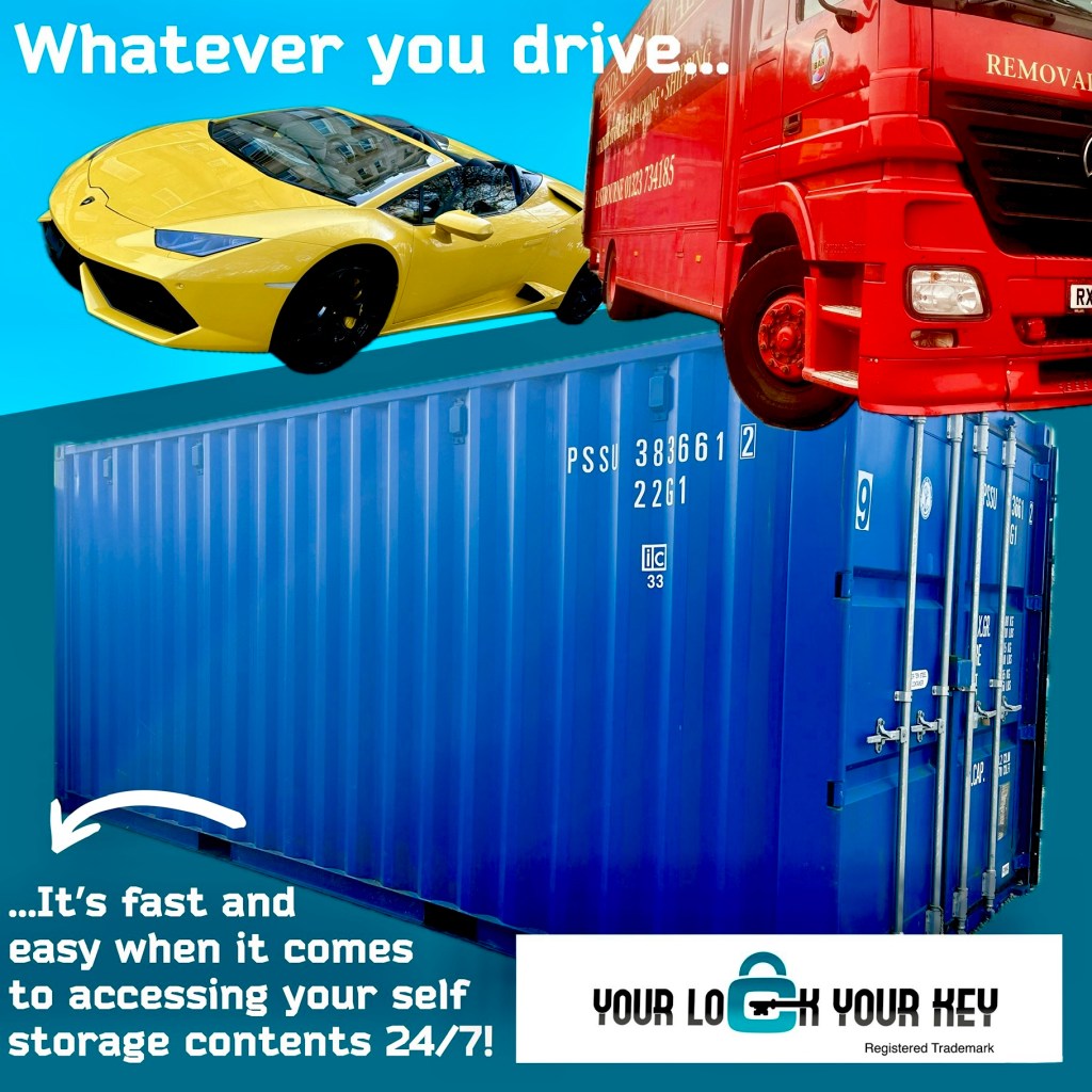 montage if vehicles beside a shipping container