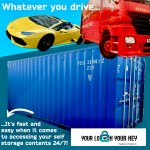 montage if vehicles beside a shipping container