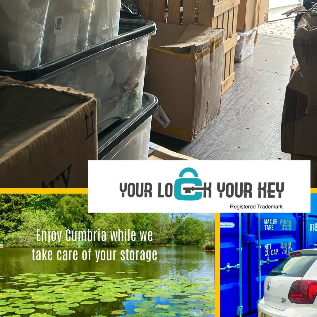 Interior view of a storage unit with stacked boxes and containers, featuring the logo of Your Lock Your Key. A scenic image of a lake with lily pads and trees below the logo, along with a blue storage container and a car on the right side.