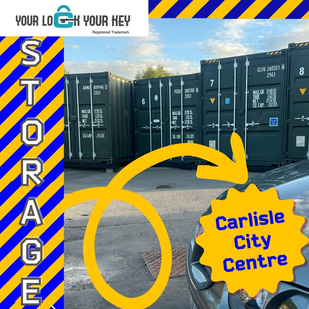 Image of storage containers branded with Your Lock Your Key® in Carlisle, displaying the text 'STORAGE' and 'Carlisle City Centre' prominently.
