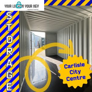 the interior of a self storage shipping container promoting Carlisle city centre.