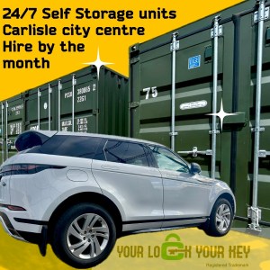 green containers with a car in front promoting self storage on a Your Lock Your Key storage facility.