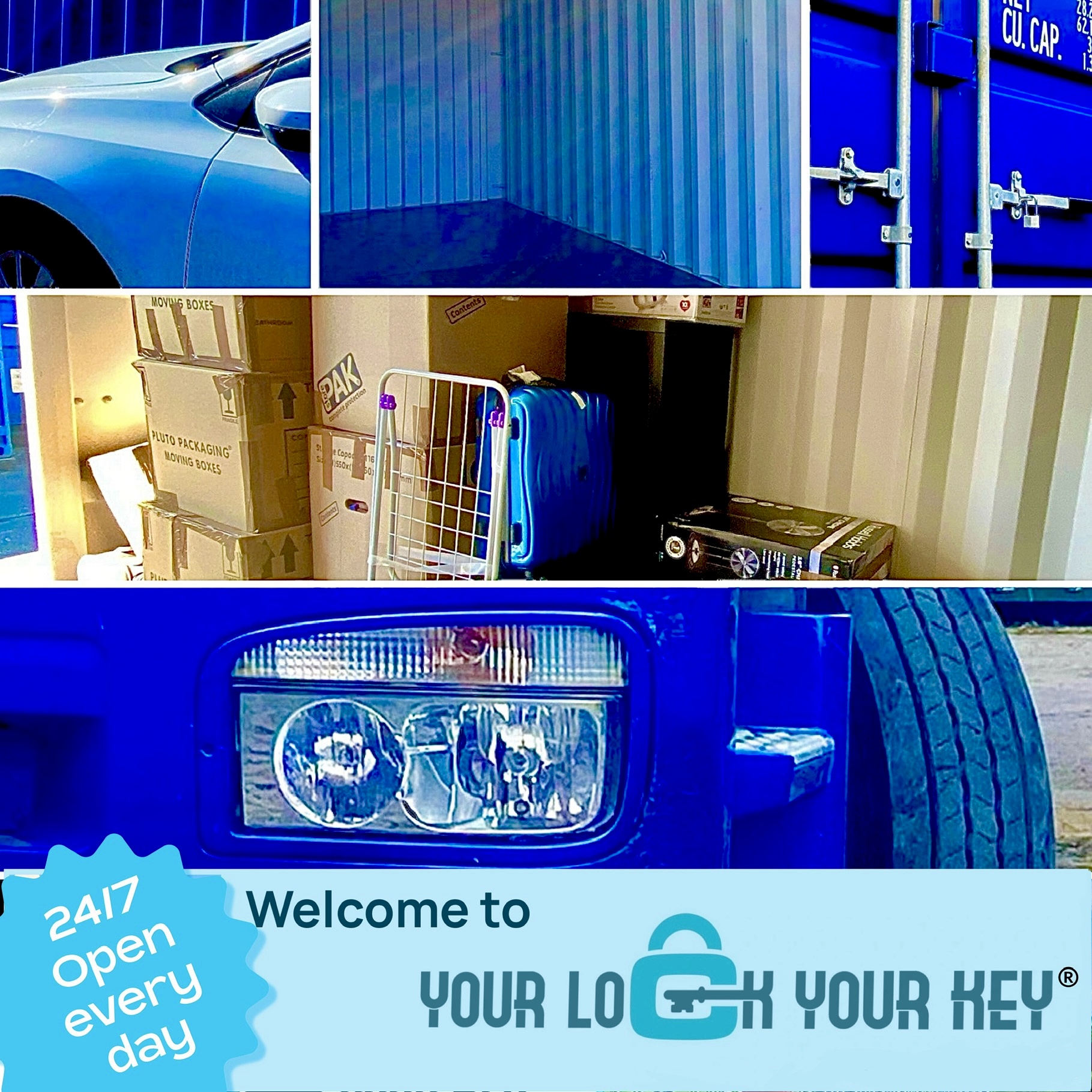 Shipping containers, contents and a view of a lorry promoting a Your Lock Your Key self storage facility.