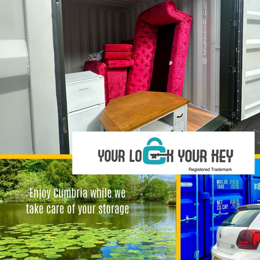 household items inside a shipping container with a car promoting Cumbria