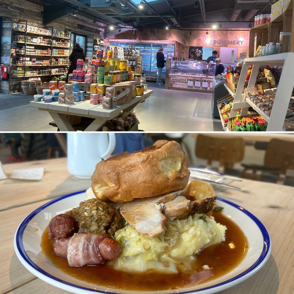 An interior view of a market with shelves stocked with various food products, colorful packaging, and a butchery area in the background.