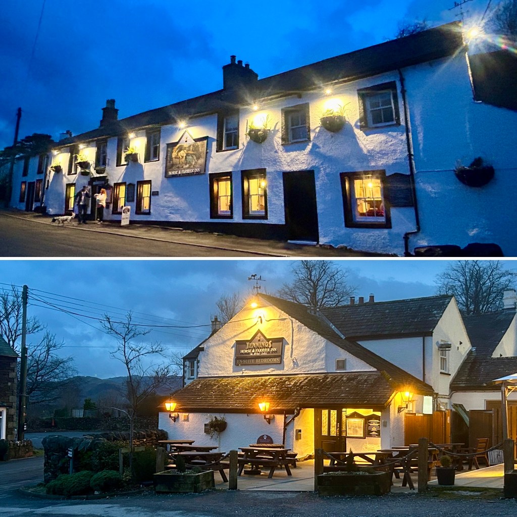 A picturesque pub called 'Horse and Farrier' illuminated at dusk, featuring whitewashed walls and warm outdoor lighting, with outdoor seating visible in front.
