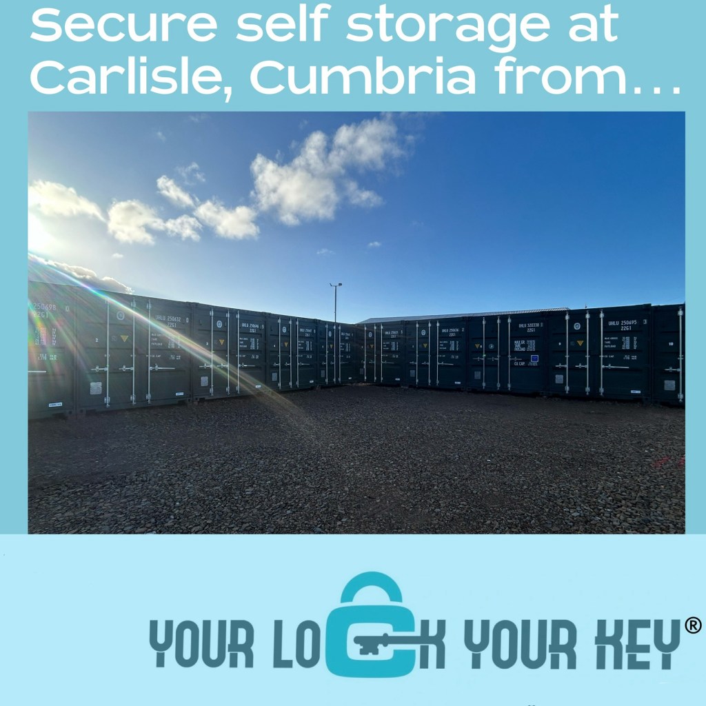 Photo of secure self-storage containers in Carlisle, Cumbria, featuring blue skies and a gravel surface.