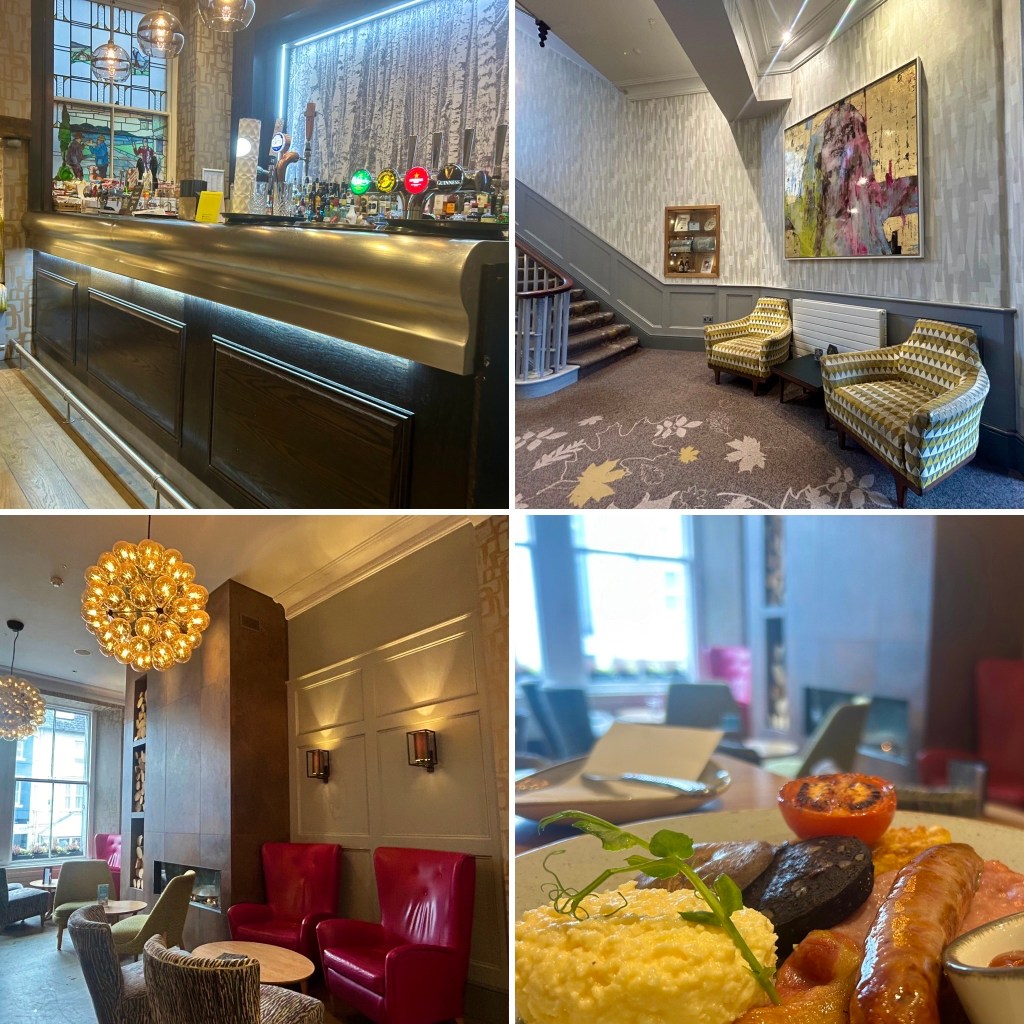 Modern bar area within The Inn on the Square in Keswick, Cumbria showing illuminated counter and various drink taps at the Inn on the Square at Keswick.