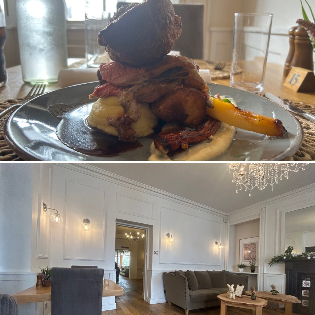 A plate of hearty food featuring mashed potatoes, assorted meats, and vegetables, presented in a cozy dining setting.