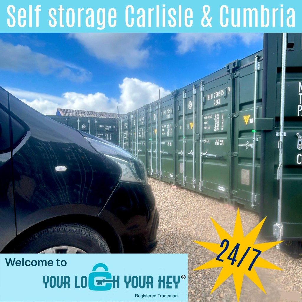 a self storage facility showing shipping containers and a van parked beside one.