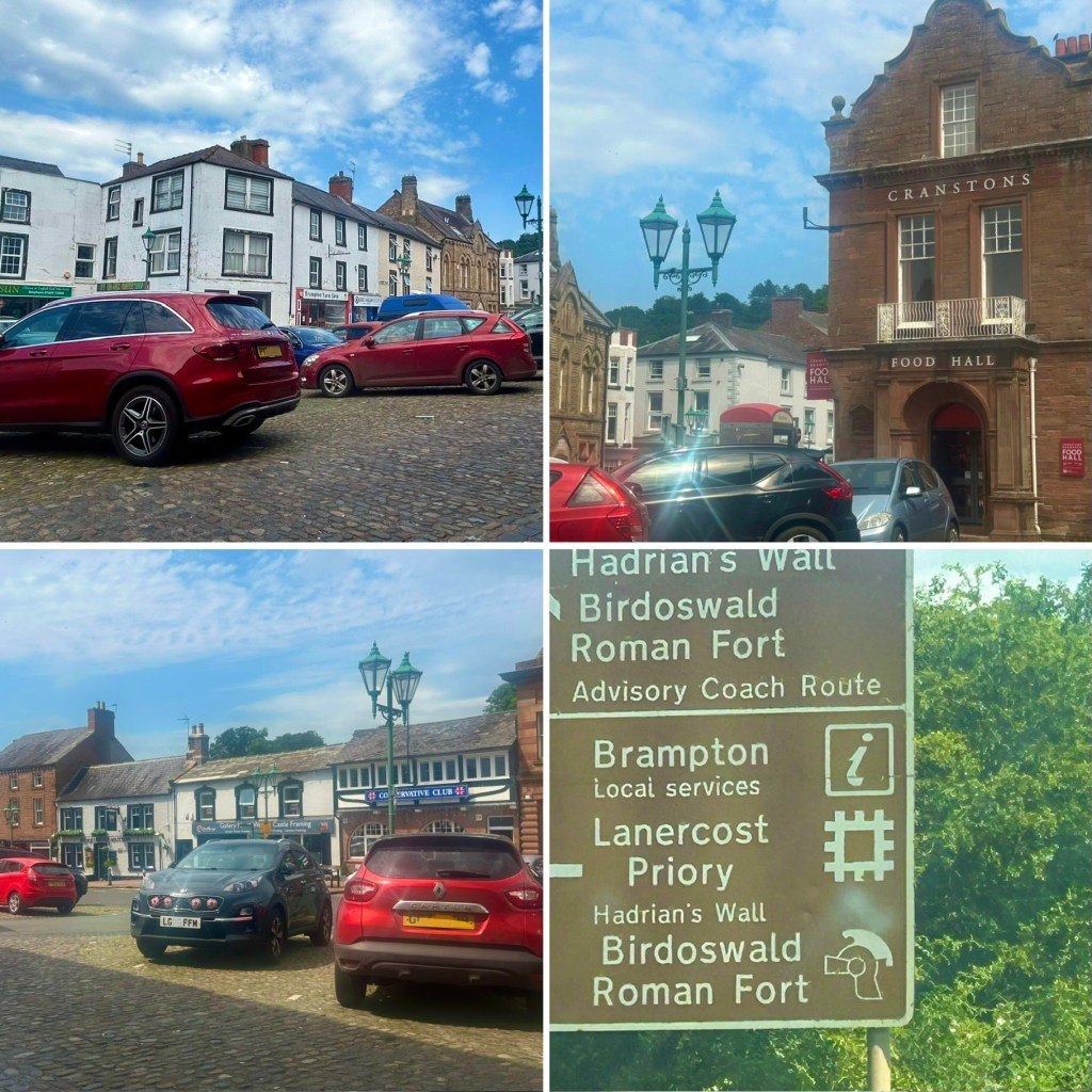 Street scenes of Brampton in Cumbria showing shops and the town square.