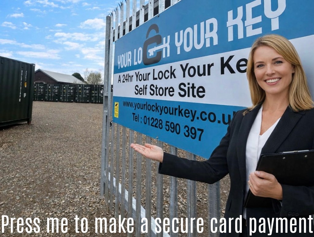 lady stood by entrance of a self storage facility promoting payment on line.