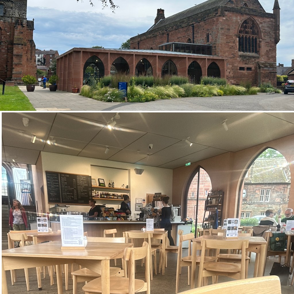 The Cathedral Café in Carlisle, Cumbria showing the exterior and interior.