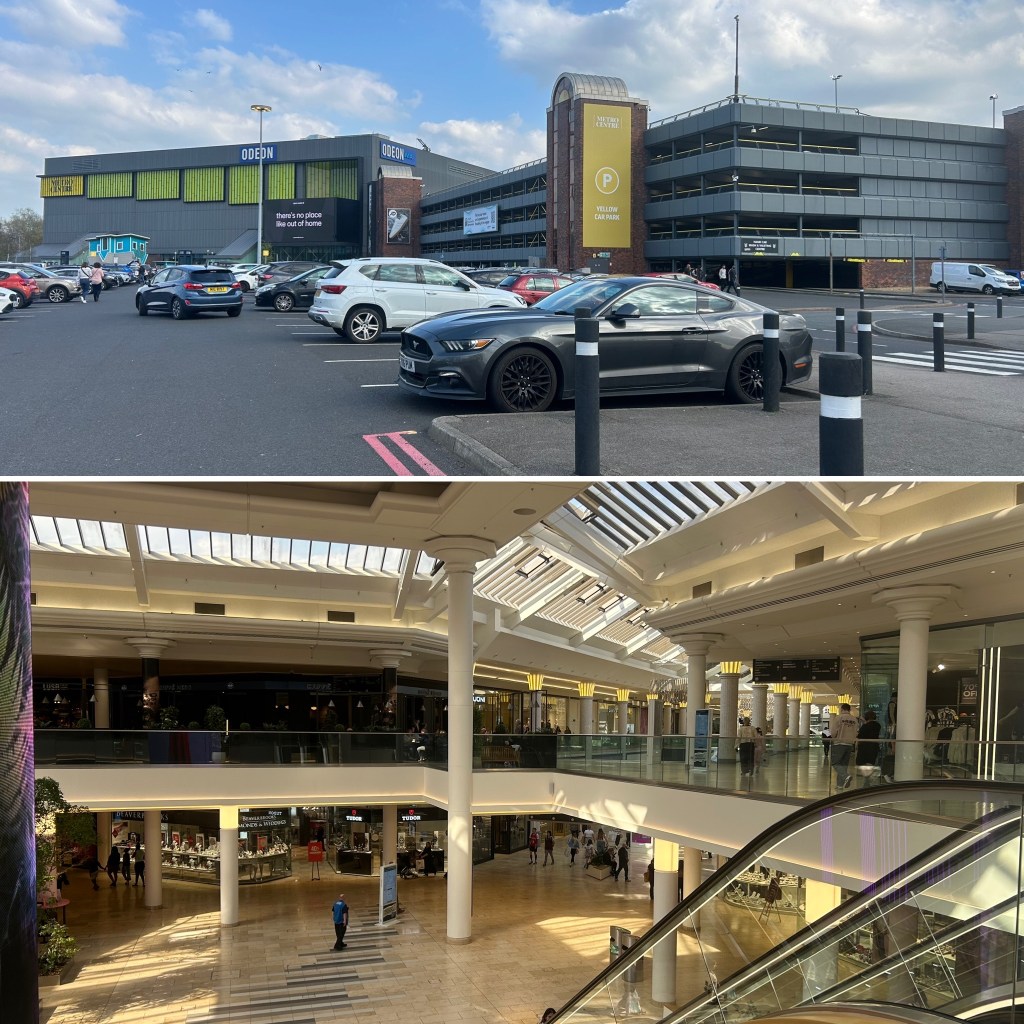 Interior and exterior of the Metro Centre in Gateshead.