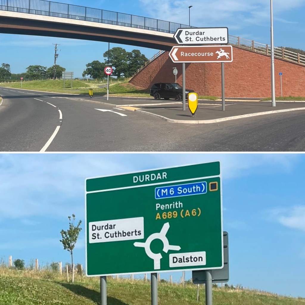 Road signs pointing to Durdar and Carlisle Racecourse on the Southern Link Road