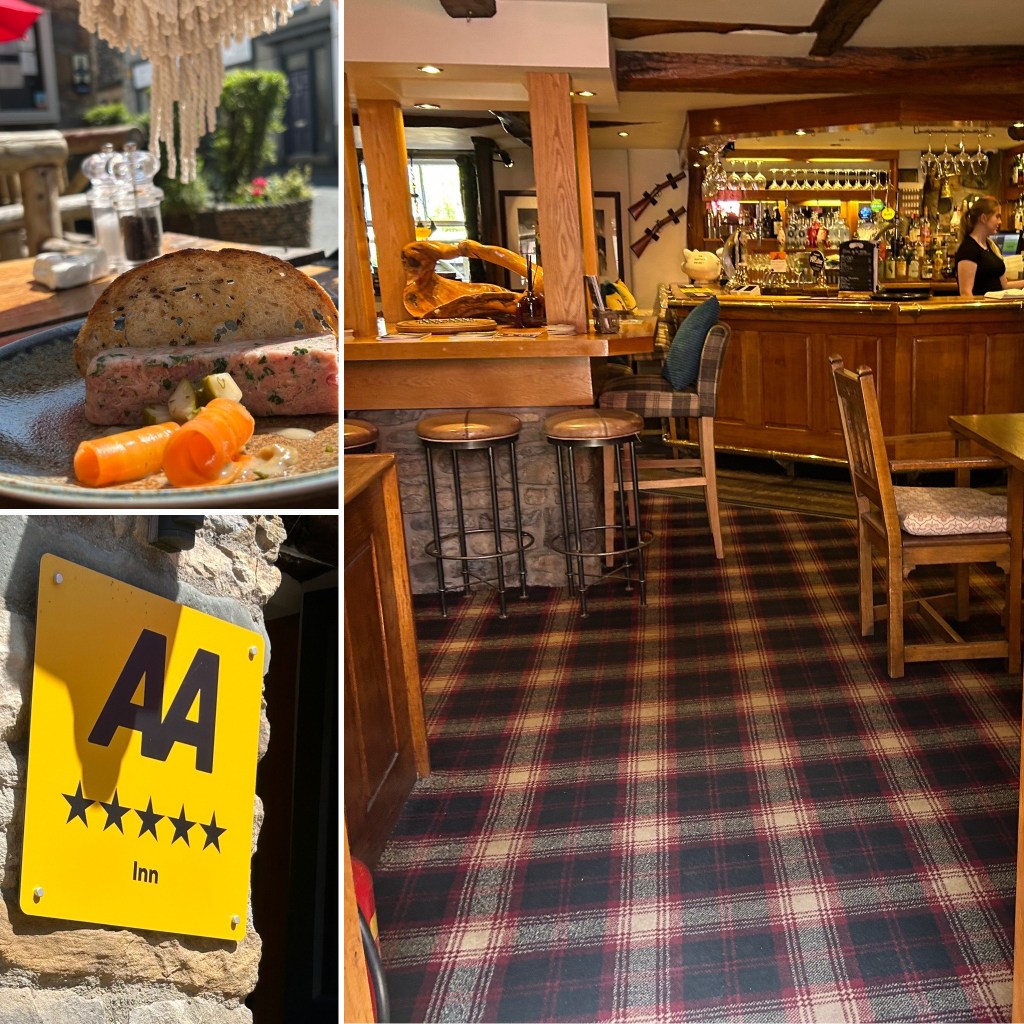 The Dalesman restaurant and inn, Sedbergh, Cumbria showing interior and a meal at a table.